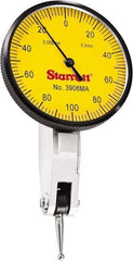 Starrett - 0.2 mm Range, 0.002 mm Dial Graduation, Horizontal Dial Test Indicator - 1-9/16 Inch Yellow Dial, 0-100-0 Dial Reading - Eagle Tool & Supply