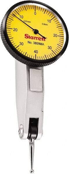 Starrett - 0.8 mm Range, 0.01 mm Dial Graduation, Horizontal Dial Test Indicator - 1-1/4 Inch Yellow Dial, 0-40-0 Dial Reading - Eagle Tool & Supply
