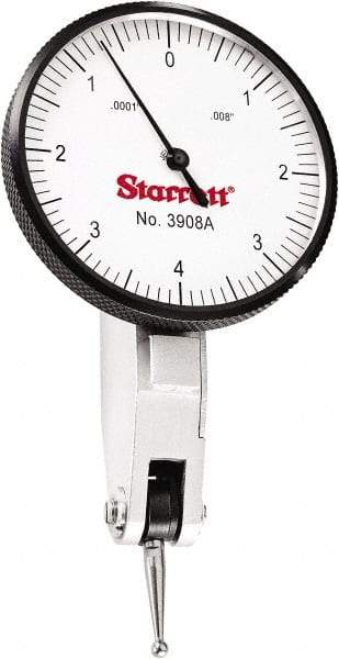 Starrett - 0.008 Inch Range, 0.0001 Inch Dial Graduation, Horizontal Dial Test Indicator - 1-9/16 Inch White Dial, 0-4-0 Dial Reading - Eagle Tool & Supply