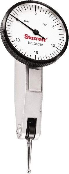 Starrett - 0.03 Inch Range, 0.0005 Inch Dial Graduation, Horizontal Dial Test Indicator - 1-1/4 Inch White Dial, 0-15-0 Dial Reading - Eagle Tool & Supply