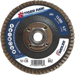 Weiler - 80 Grit, 4-1/2" Disc Diam, 5/8-11 Center Hole, Type 29 Zirconia Alumina Flap Disc - 13,000 Max RPM, Phenolic Backing, Arbor Attaching System, Coated - Eagle Tool & Supply