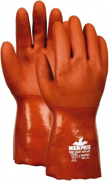 MCR Safety - Size M (8), ANSI Cut Lvl 3, Puncture Lvl 2, Abrasion Lvl 4, PVC Coated Kevlar Cut Resistant Gloves - 12" Long, Fully Coated Coated, Kevlar Lining, Gauntlet Cuff, Red, Paired - Eagle Tool & Supply