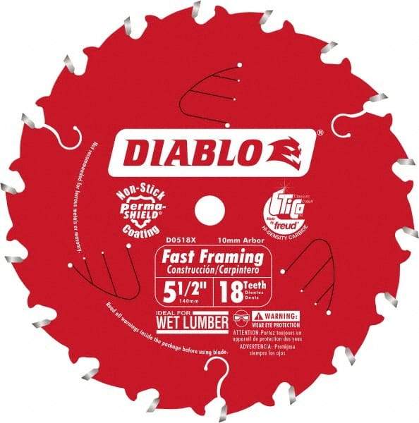 Freud - 5-1/2" Diam, 10mm Arbor Hole Diam, 18 Tooth Wet & Dry Cut Saw Blade - Carbide-Tipped, Framing Action, Standard Round Arbor - Eagle Tool & Supply