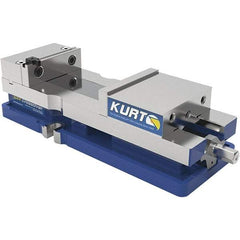 Kurt - 4" Jaw Width, 6-1/2" Jaw Opening Capacity, Horizontal Stationary Machine Vise - Reverse Manual Operation, 60 Lb Capacity, 1 Station, 14.56" Long x 84.47mm High x 1-15/64" Deep, 1.235" Jaw Height, 7,500 Lb Max Clamp Force, Ductile Iron - Eagle Tool & Supply