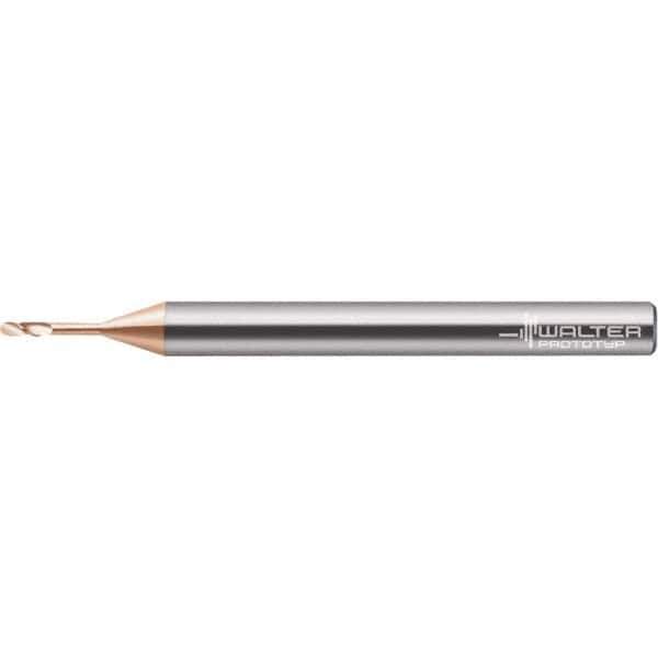 Walter-Prototyp - 0.5mm Diam, 0.4mm LOC, 2 Flute Solid Carbide Ball End Mill - AlTiN Finish, Single End, 38mm OAL, 4mm Shank Diam, Spiral Flute - Eagle Tool & Supply