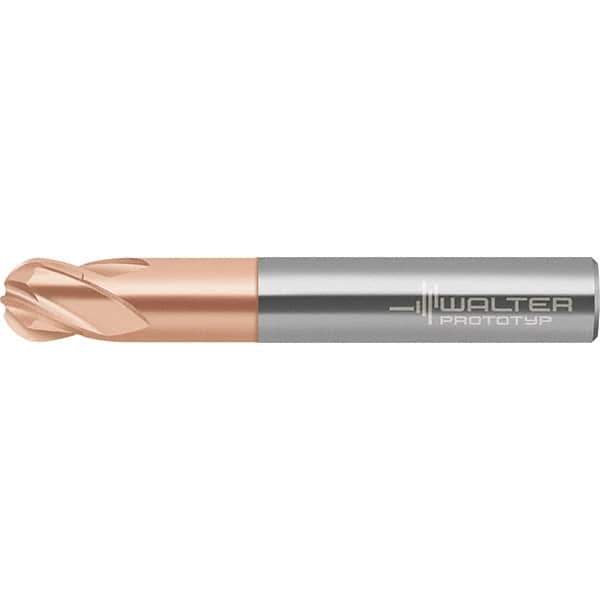 Walter-Prototyp - 6mm Diam, 4.8mm LOC, 4 Flute Solid Carbide Ball End Mill - AlTiN Finish, Single End, 63mm OAL, 8mm Shank Diam, Spiral Flute - Eagle Tool & Supply