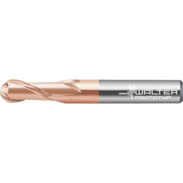 Walter-Prototyp - 8mm Diam, 6.4mm LOC, 2 Flute Solid Carbide Ball End Mill - AlTiN Finish, Single End, 63mm OAL, 8mm Shank Diam, Spiral Flute - Eagle Tool & Supply
