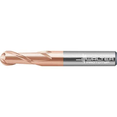 Walter-Prototyp - 8mm Diam, 6.4mm LOC, 2 Flute Solid Carbide Ball End Mill - AlTiN Finish, Single End, 63mm OAL, 8mm Shank Diam, Spiral Flute - Eagle Tool & Supply