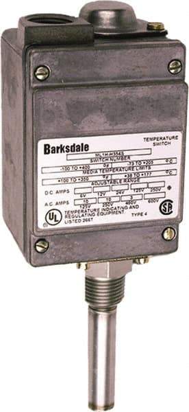 Barksdale - 100 to 350°F Local Mount Temperature Switch - 1/2" NPT, 13/16 x 3-1/8 Rigid Stem, 304 Stainless Steel, ±1% of mid-60% of F.S. - Eagle Tool & Supply