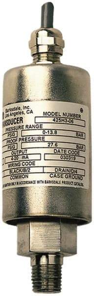 Barksdale - 4,000 Max psi, ±0.25% Accuracy, 1/4-18 NPT (Male) Connection Pressure Transducer - 1 to 11 VDC Output Signal, Shielded & Jacketed Cable - 1m Wetted Parts, 1/4" Thread, -40 to 185°F, 30 Volts - Eagle Tool & Supply