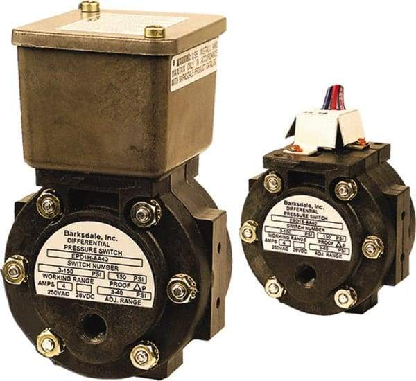 Barksdale - 3 to 40 psi Adjustable Range, 150 Max psi, Differential Pressure Switch - 1/8 NPT Female, 12in Free Leads, SPDT Contact, Polysulfone Wetted Parts, 5% Repeatability - Eagle Tool & Supply