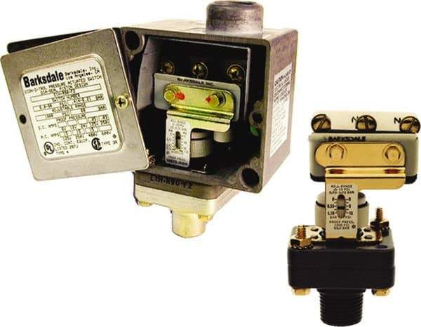 Barksdale - 0.5 to 30 PSI Adjustable Range, 30 inHg Max psi, Diaphragm Piston Pressure Switch - 1/4 NPT Male, Screw Terminals, SPDT Contact, Nickel-Plated Wetted Parts, 2% Repeatability - Eagle Tool & Supply
