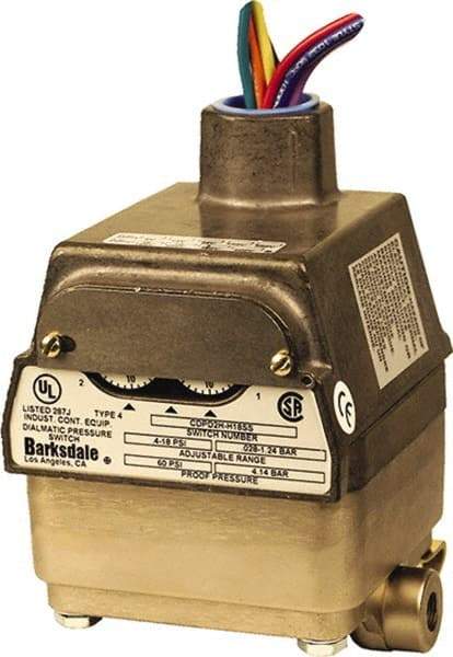 Barksdale - 0.3 to 3 psi Adjustable Range, 10 Max psi, Differential Pressure Switch - 1/8 NPT Female, 18in Free Leads, 2 x SPDT Contact, 300SS Wetted Parts, 0.5% Repeatability - Eagle Tool & Supply