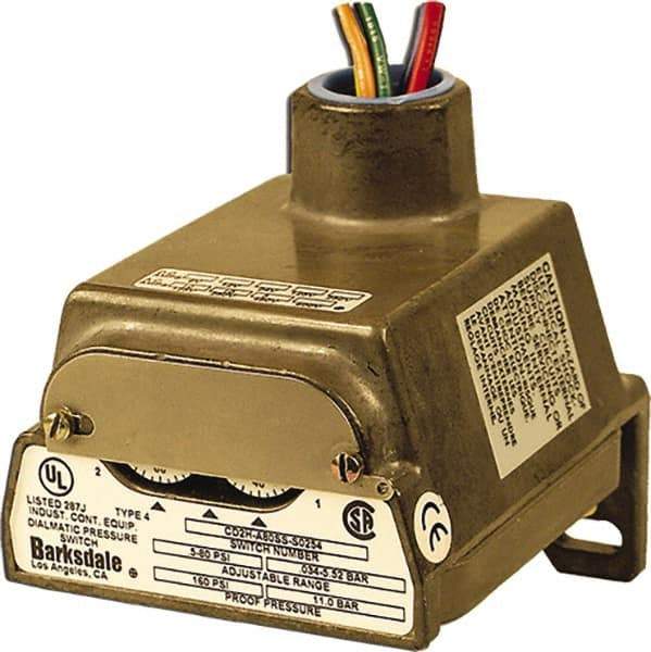 Barksdale - 0.5 to 80 psi Adjustable Range, 160 Max psi, Diaphragm Pressure Switch - 1/4 NPT Female, 18in Free Leads, SPDT Contact, 304SS Wetted Parts, 0.5% Repeatability - Eagle Tool & Supply