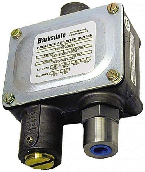 Barksdale - 200 to 3,000 psi Adjustable Range, 10,000 Max psi, Sealed Piston Pressure Switch - 1/4 NPT Female, Screw Terminals, SPDT Contact, 416SS Wetted Parts, 2% Repeatability - Eagle Tool & Supply