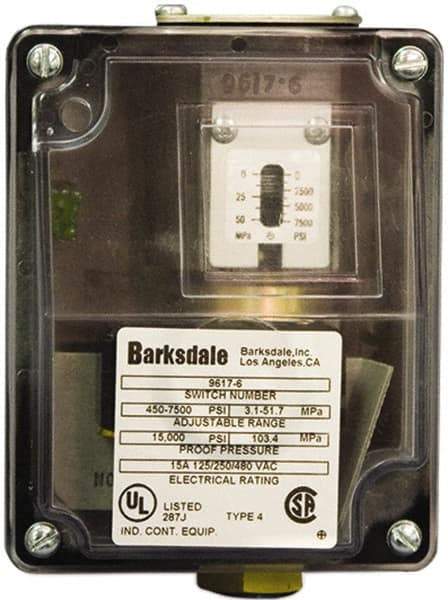 Barksdale - 450 to 7,500 psi Adjustable Range, 15,000 Max psi, Sealed Piston Pressure Switch - 1/4 NPT Female, Screw Terminals, SPDT Contact, 316SS Wetted Parts, 2% Repeatability - Eagle Tool & Supply