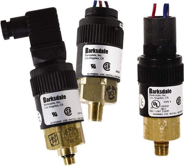 Barksdale - 22.5 to 125 psi Adjustable Range, 1,000 Max psi, Compact Pressure Switch - 1/4 NPT Male, 1/2NPT Female Conduit Connector with Free Leads, SPDT Contact, Brass Wetted Parts, 2% Repeatability - Eagle Tool & Supply