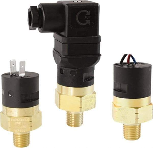 Barksdale - 25 to 150 psi Adjustable Range, 350 Max psi, Compact Pressure Switch - 1/4 NPT Male, DIN 43650A, SPDT Contact, Brass Wetted Parts, 3% Repeatability - Eagle Tool & Supply