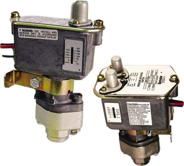 Barksdale - 35 to 400 psi Adjustable Range, 3,000 Max psi, Sealed Piston Pressure Switch - 1/4 NPT Female, 18in Free Leads, SPDT Contact, Nickel Plated Al Wetted Parts, 2% Repeatability - Eagle Tool & Supply