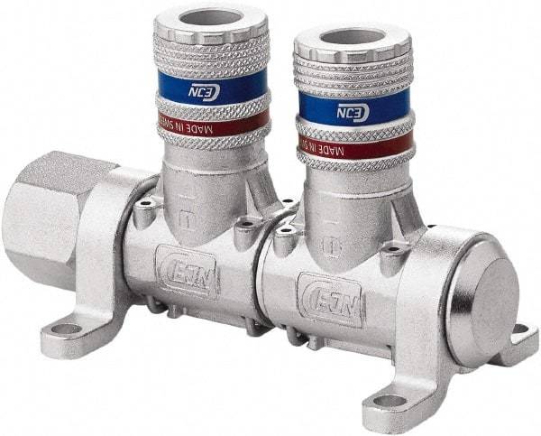 CEJN - 1/2" Inlet, 1/4" Outlet Manifold - 4.4" Long x 2.28" Wide x 2.7" High, 0.245" Mount Hole, 212°F Max, 230 Max PSI, 1 Inlet Port, 2 Outlet Ports - Eagle Tool & Supply