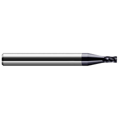 Corner Radius End Mill: 0.09″ Dia, 0.135″ LOC, 0.03″ Radius, 4 Flutes, Solid Carbide 1-1/2″ OAL, 1/8″ Shank Dia, 30 ° Helix, AlTiN Coated, Corner Radius End