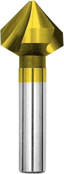 Magafor - 13.4mm Head Diam, 0.315" Shank Diam, 3 Flute 90° Cobalt Countersink - TiN Finish, 2-1/4" OAL, Single End, Straight Shank, Right Hand Cut - Eagle Tool & Supply