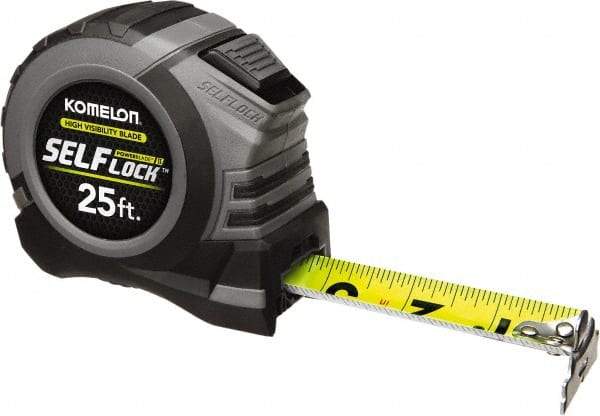 Komelon - 25' x 1-1/16" Yellow Steel Blade Tape Measure - 1/4, 1/8 & 1/16" Graduation, Blue/Gray ABS Plastic Case - Eagle Tool & Supply