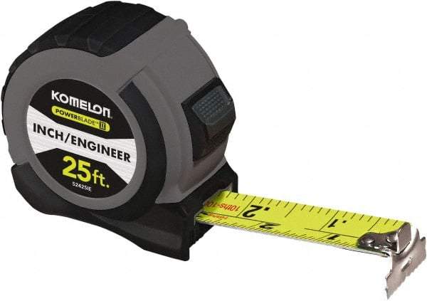 Komelon - 25' x 1-1/16" Yellow Steel Blade Tape Measure - 1/4, 1/8 & 1/16" Graduation, Blue/Gray ABS Plastic Case - Eagle Tool & Supply