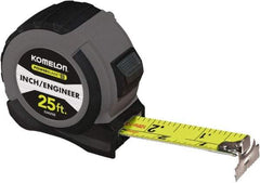 Komelon - 25' x 1-1/16" Yellow Steel Blade Tape Measure - 1/4, 1/8 & 1/16" Graduation, Blue/Gray ABS Plastic Case - Eagle Tool & Supply