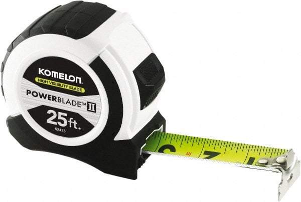 Komelon - 25' x 1-1/16" Yellow Steel Blade Tape Measure - 1/4, 1/8 & 1/16" Graduation, ABS Plastic Case - Eagle Tool & Supply