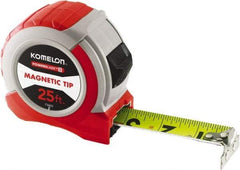 Komelon - 25' x 1-1/16" Yellow Steel Blade Tape Measure - 1/4, 1/8 & 1/16" Graduation, Red ABS Plastic Case - Eagle Tool & Supply