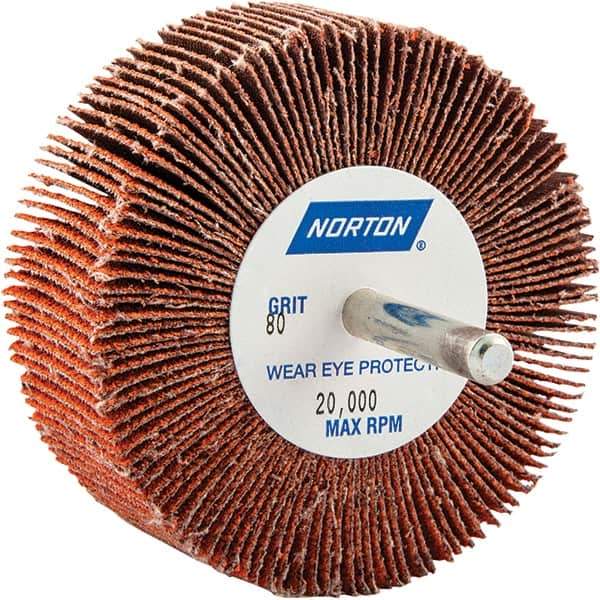 Norton - 3" Diam x 1" Face Width, Ceramic Alumina Coated Mounted Flap Wheel - 1/4" Shank Mount, 80 Grit, Cloth Backing, 20,000 Max RPM - Eagle Tool & Supply