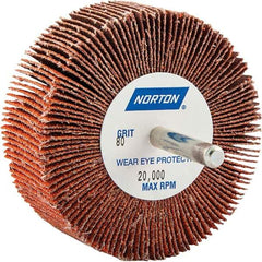 Norton - 3" Diam x 1" Face Width, Ceramic Alumina Coated Mounted Flap Wheel - 1/4" Shank Mount, 80 Grit, Cloth Backing, 20,000 Max RPM - Eagle Tool & Supply