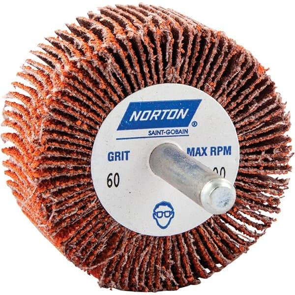 Norton - 2" Diam x 1" Face Width, Ceramic Alumina Coated Mounted Flap Wheel - 1/4" Shank Mount, 60 Grit, Cloth Backing, 25,000 Max RPM - Eagle Tool & Supply