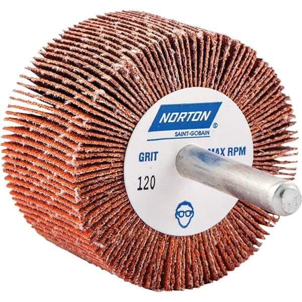 Norton - 2" Diam x 1" Face Width, Ceramic Alumina Coated Mounted Flap Wheel - 1/4" Shank Mount, 120 Grit, Cloth Backing, 25,000 Max RPM - Eagle Tool & Supply