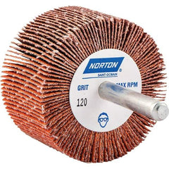 Norton - 2" Diam x 1" Face Width, Ceramic Alumina Coated Mounted Flap Wheel - 1/4" Shank Mount, 120 Grit, Cloth Backing, 25,000 Max RPM - Eagle Tool & Supply