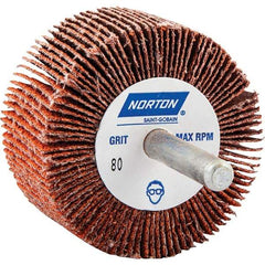 Norton - 2" Diam x 1" Face Width, Ceramic Alumina Coated Mounted Flap Wheel - 1/4" Shank Mount, 80 Grit, Cloth Backing, 25,000 Max RPM - Eagle Tool & Supply