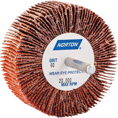 Norton - 3" Diam x 1" Face Width, Ceramic Alumina Coated Mounted Flap Wheel - 1/4" Shank Mount, 60 Grit, Cloth Backing, 20,000 Max RPM - Eagle Tool & Supply