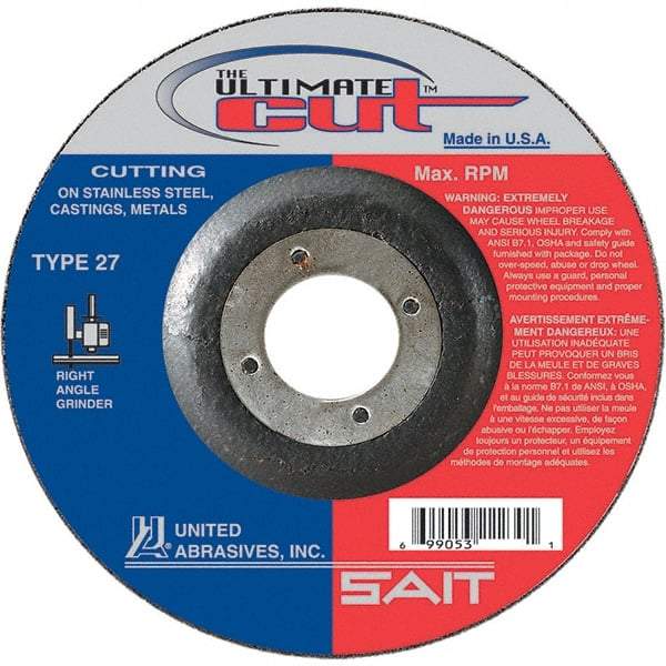 Sait - 4-1/2" Wheel Diam, 7/8" Arbor Hole, Type 27 Depressed Center Wheel - Coarse Grade, Ceramic, 13,300 Max RPM - Eagle Tool & Supply