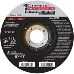 Sait - 6" Wheel Diam, 7/8" Arbor Hole, Type 27 Depressed Center Wheel - Coarse Grade, Zirconia Alumina, 10,200 Max RPM - Eagle Tool & Supply