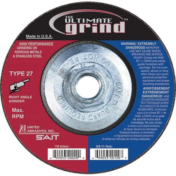 Sait - 6" Wheel Diam, 1/4" Wheel Thickness, Type 27 Depressed Center Wheel - Coarse Grade, Zirconia Alumina, 10,200 Max RPM - Eagle Tool & Supply