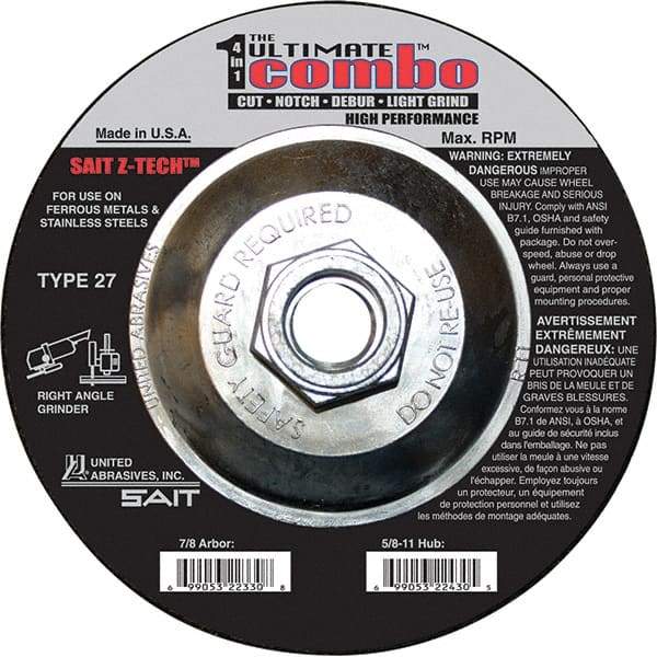 Sait - 6" Wheel Diam, Type 27 Depressed Center Wheel - Coarse Grade, Zirconia Alumina, 10,200 Max RPM - Eagle Tool & Supply