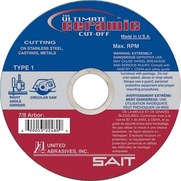 Sait - 4-1/2" 60 Grit Ceramic Cutoff Wheel - 0.045" Thick, 7/8" Arbor, 13,300 Max RPM, Use with Angle Grinders - Eagle Tool & Supply