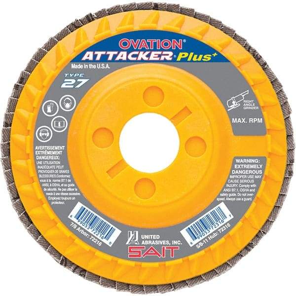 Sait - 60 Grit, 4-1/2" Disc Diam, 7/8" Center Hole, Type 27 Zirconia Alumina Flap Disc - 13,300 Max RPM, Plastic Backing, Arbor Attaching System, Coated - Eagle Tool & Supply