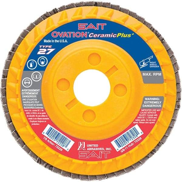Sait - 36 Grit, 4-1/2" Disc Diam, 7/8" Center Hole, Type 27 Ceramic Flap Disc - 13,300 Max RPM, Plastic Backing, Arbor Attaching System, Coated - Eagle Tool & Supply