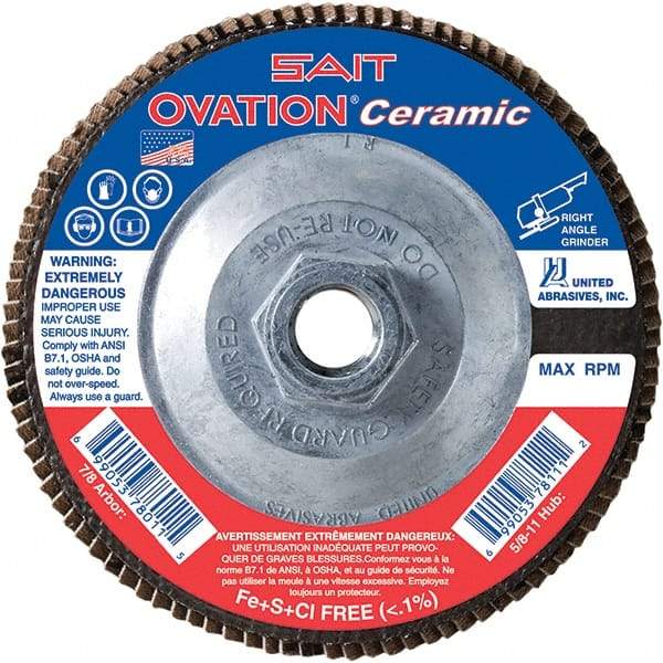 Sait - 40 Grit, 4-1/2" Disc Diam, 5/8-11 Center Hole, Type 27 Ceramic Flap Disc - 13,300 Max RPM, Plastic Backing, Arbor Attaching System, Coated - Eagle Tool & Supply