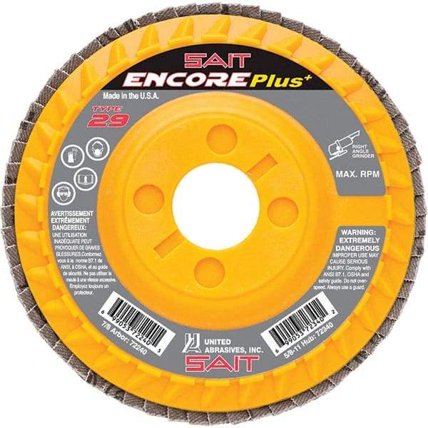 Sait - 60 Grit, 4-1/2" Disc Diam, 7/8" Center Hole, Type 29 Zirconia Alumina Flap Disc - 13,300 Max RPM, Plastic Backing, Arbor Attaching System, Coated - Eagle Tool & Supply