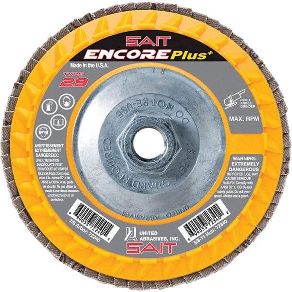 Sait - 60 Grit, 4-1/2" Disc Diam, 5/8-11 Center Hole, Type 29 Zirconia Alumina Flap Disc - 13,300 Max RPM, Plastic Backing, Arbor Attaching System, Coated - Eagle Tool & Supply