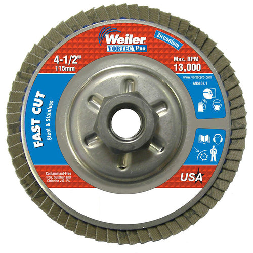 ‎4-1/2″ Vortec Pro Abrasive Flap Disc, Angled, Aluminum Backing, 80Z, 5/8″-11 UNC Nut - Eagle Tool & Supply