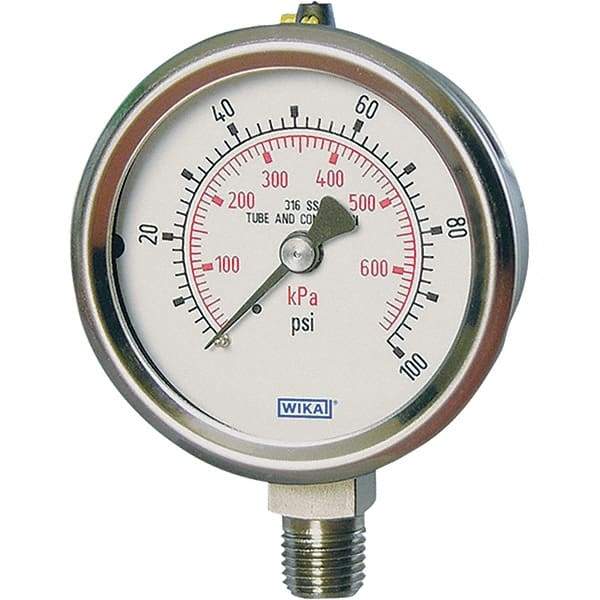 Wika - 4" Dial, 1/4 Thread, -1-10 Scale Range, Pressure Gauge - Lower Connection Mount, Accurate to 1% of Scale - Eagle Tool & Supply